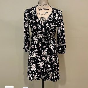 Black & Pink Floral Print Dress with Ruffle Hem